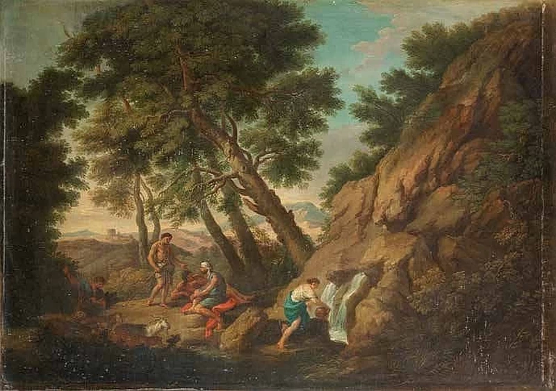 Figure classiche che riposano in un paesaggio all'italiana con una figura alla fonte